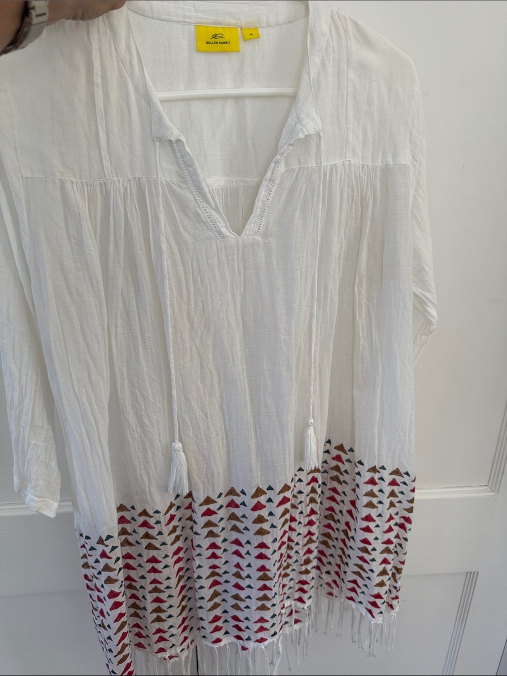 Roller Rabbit White Swim Coverup with Red and Brown Triangle Border